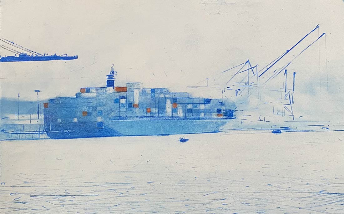 Container Ship, Elliott Bay drawing by Steve Bradbury